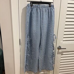 Blue and White Gingham Wide-Leg Pants